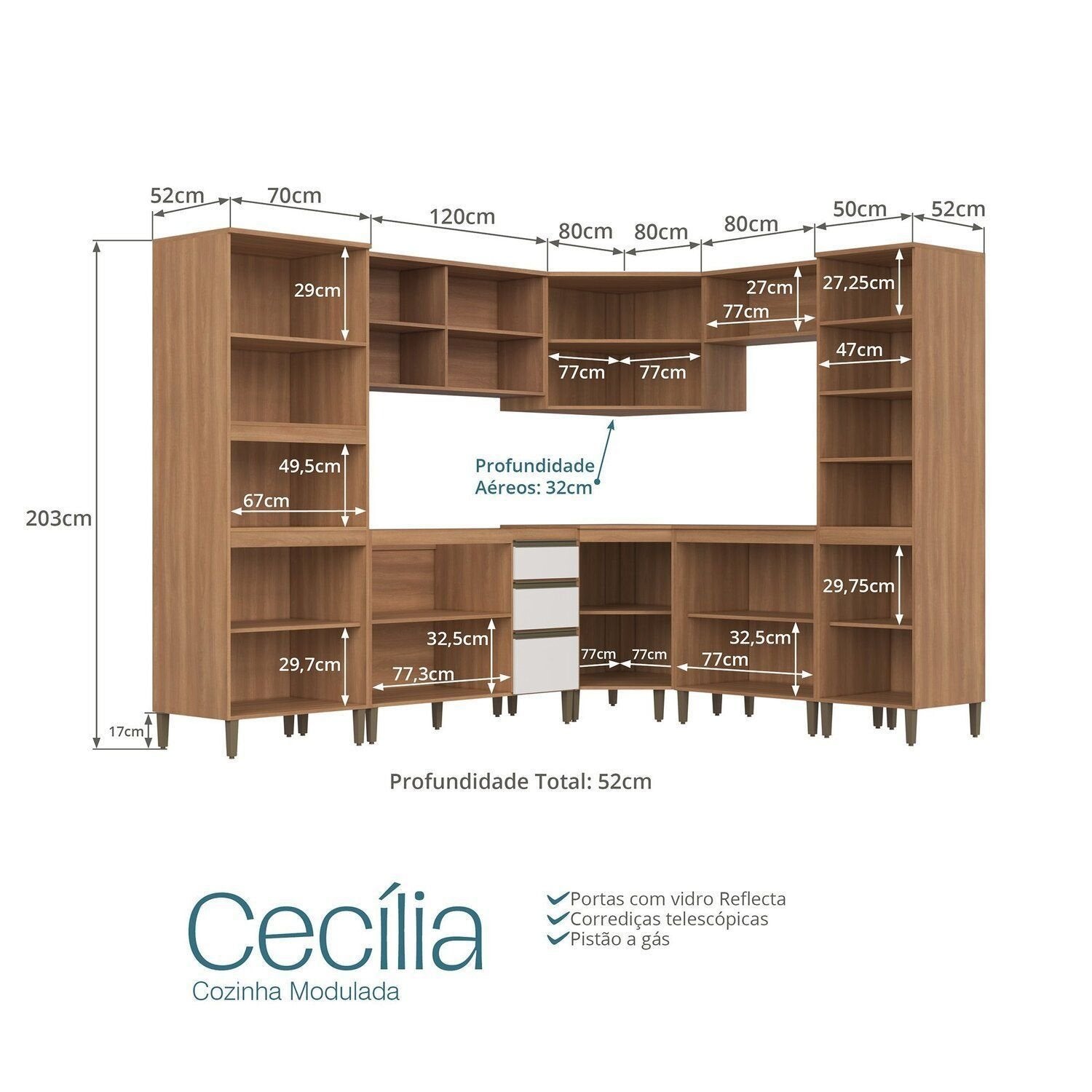 Cozinha Completa Modulada Cecília J Carvalho 8 Peças Torre Quente Paneleiro Canto Oblíquo Vidro Reflecta Marrom/Freijó/Off White
