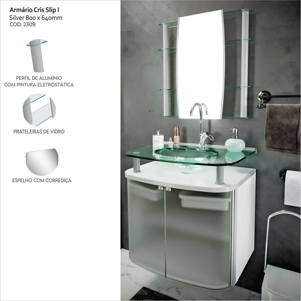 Espelheira Slip I Sobrepor Cris Metal Plus 1 Porta 80cm Prata