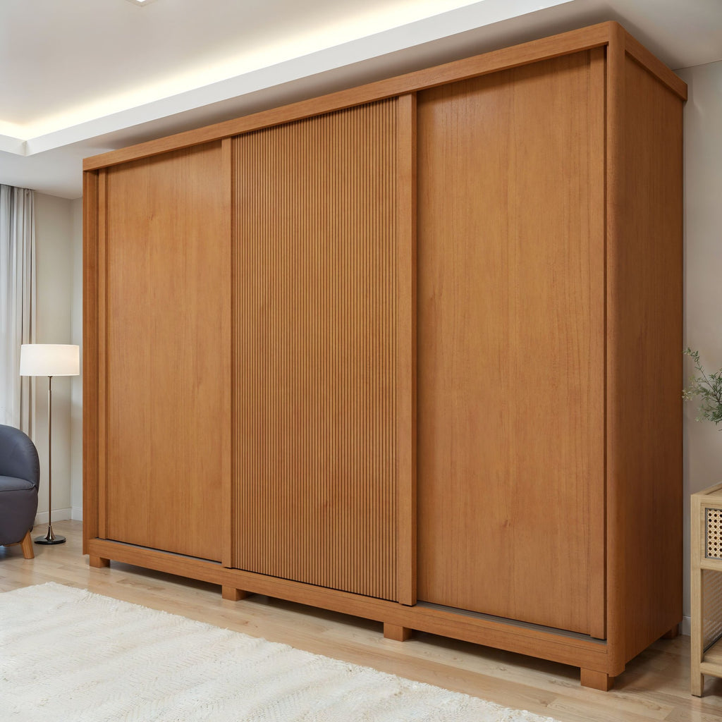 Guarda-Roupa Casal 3 Portas 6 Gavetas com Pés Ollie Yescasa 100% MDF Marrom Amêndoa Clean/Off White