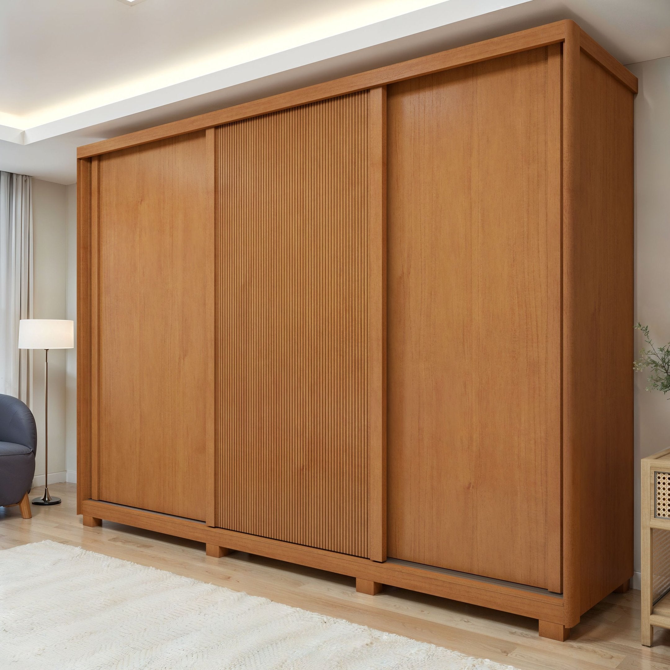 Guarda-Roupa Casal 3 Portas 6 Gavetas com Pés Ollie Yescasa 100% MDF Marrom Amêndoa Clean/Off White