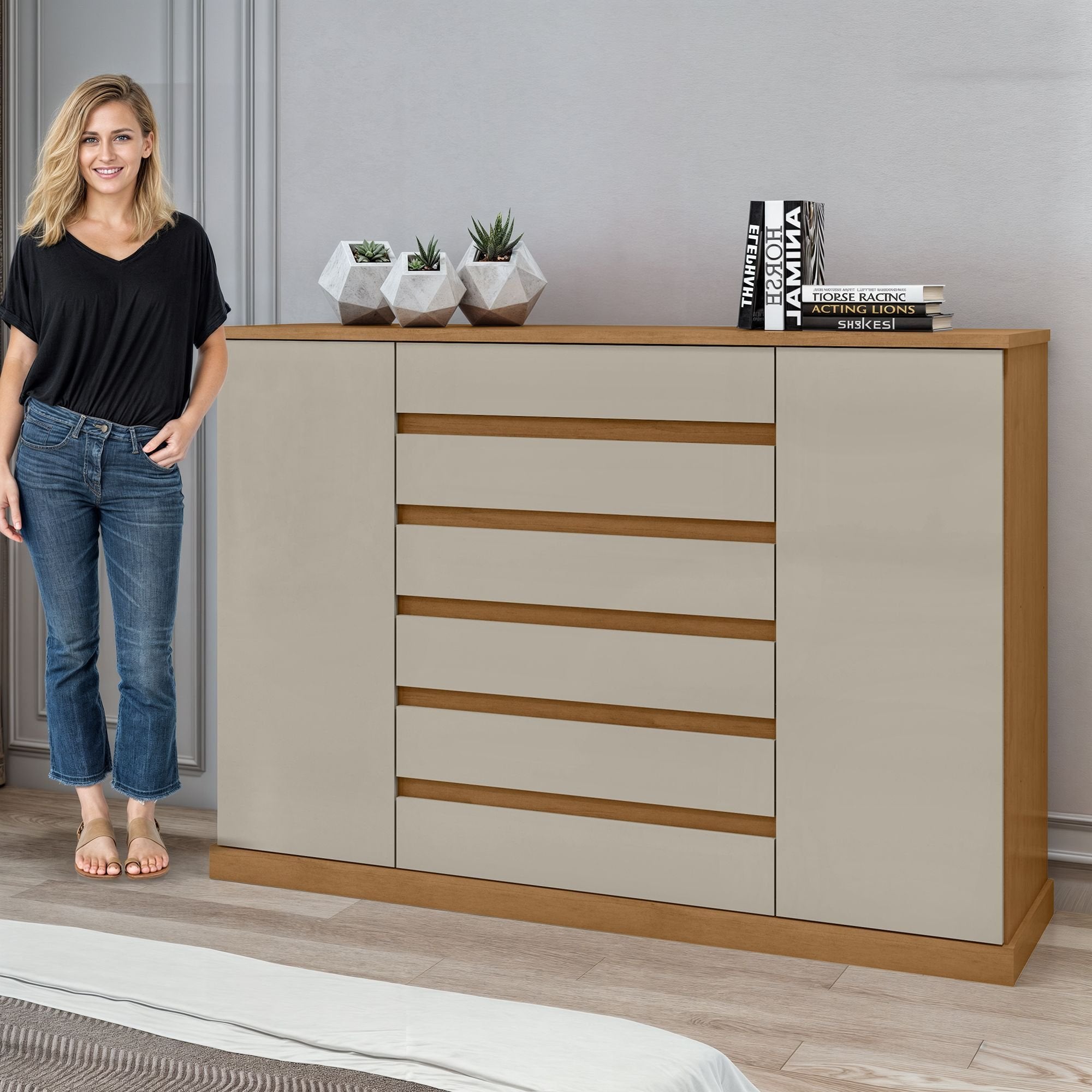 Cômoda 2 Portas 7 Gavetas com Chave e Prateleiras Vedra Móveis Lopas Amêndoa Clean/Off White