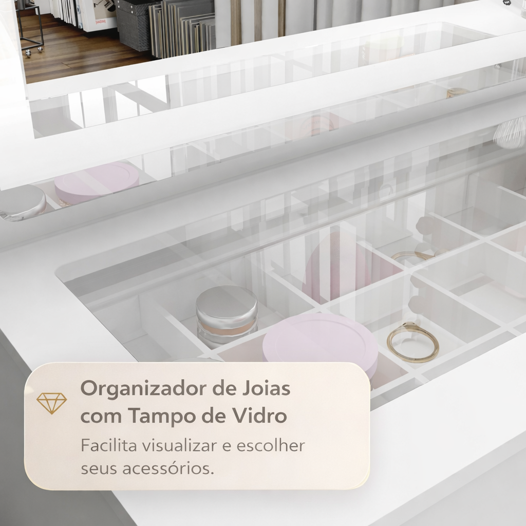 Penteadeira com Espelho Touch LED 7 Gavetas Iris Politorno Branco