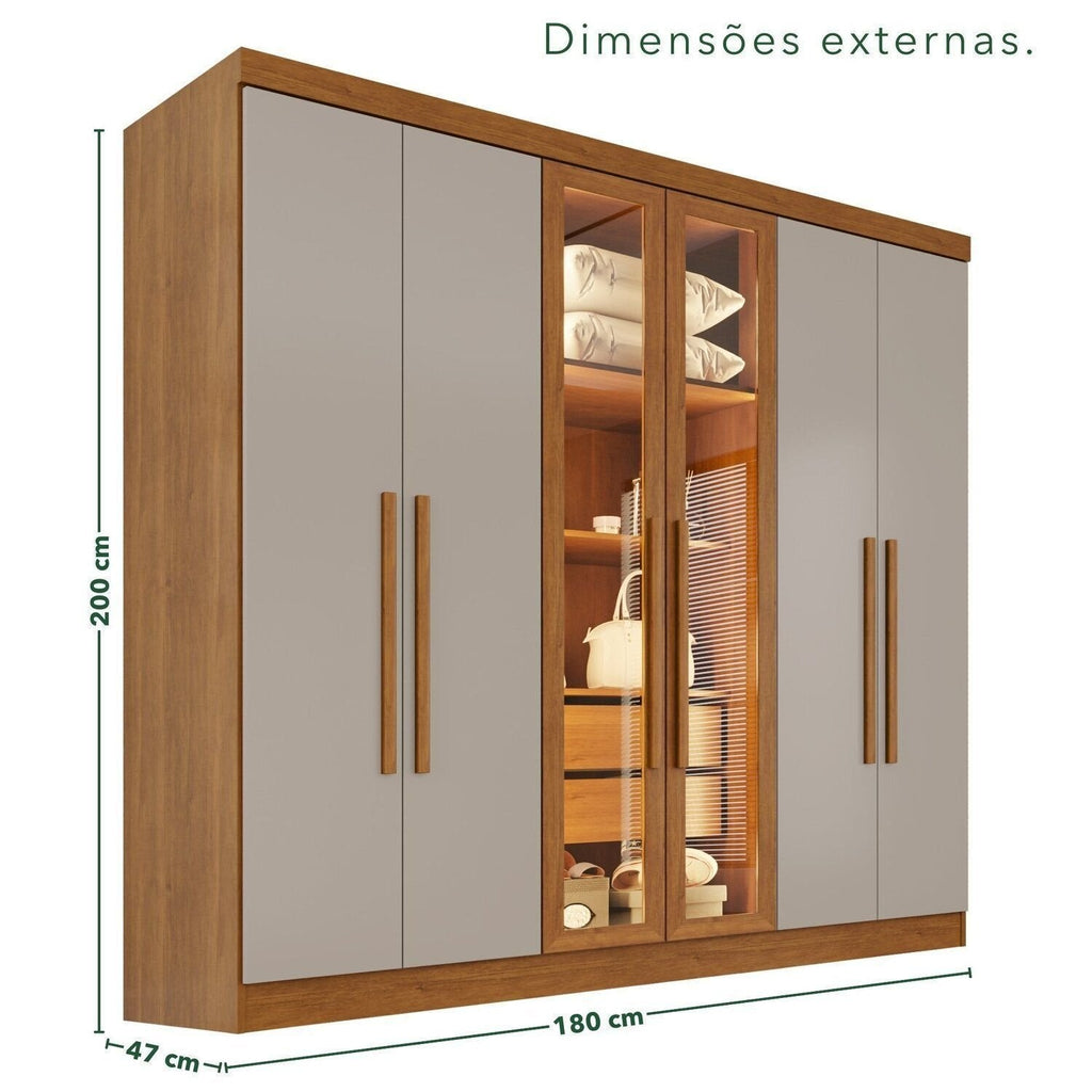 Guarda-Roupa Casal Reflecta com LED 6 Portas 2 Gavetas França Sallêto Móveis Off White/Cinamomo