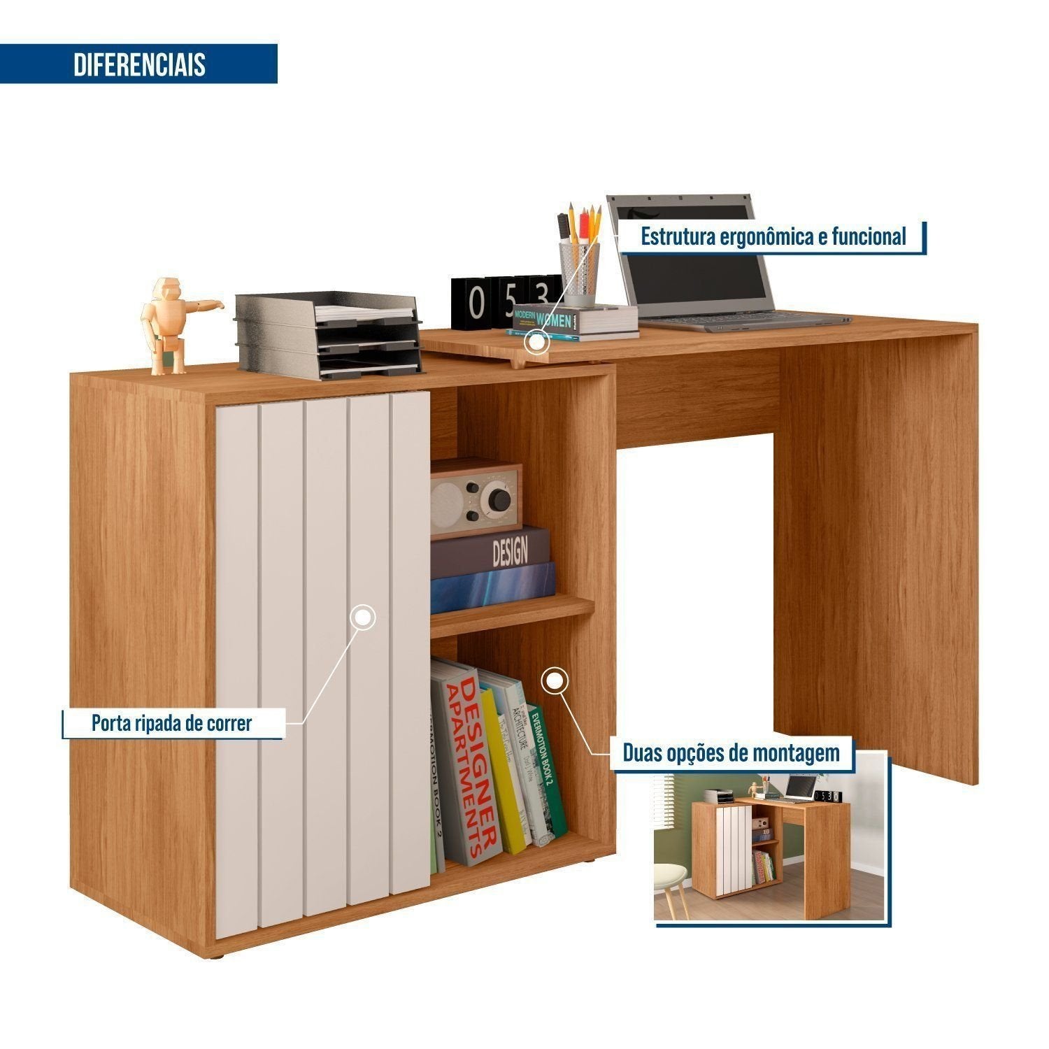 Escrivaninha Mesa Escritório Start 1 Porta 140cm Freijó e Off White Espresso Móveis