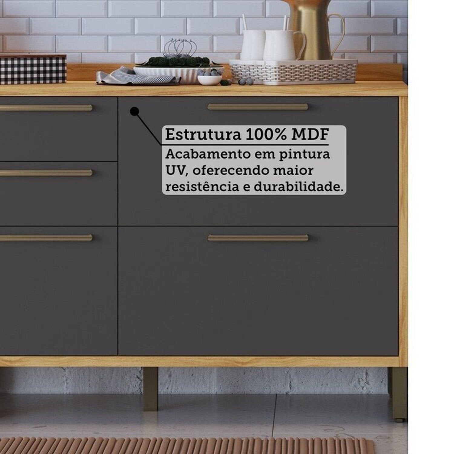 Cozinha Completa Modulada 100% MDF 7 Peças 14 Portas 6 Gavetas e Vidro 429cm Vicenza Espresso Móveis Cinza/Amêndoa/Chumbo