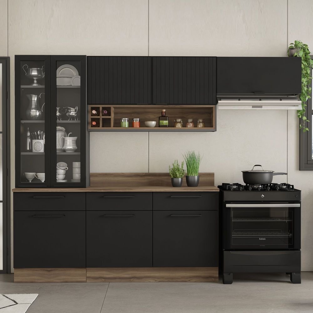 Cozinha Modulada em Aço 5 Peças 8 Portas 3 Gavetas Cristaleira com Rodapé PVC Exclusive Itatiaia Preto/Grafite
