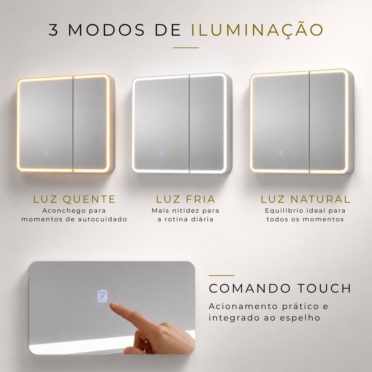 Espelheira para Banheiro 2 Portas LED Touch Kyoto Brovália 68cm Resistente à Umidade
