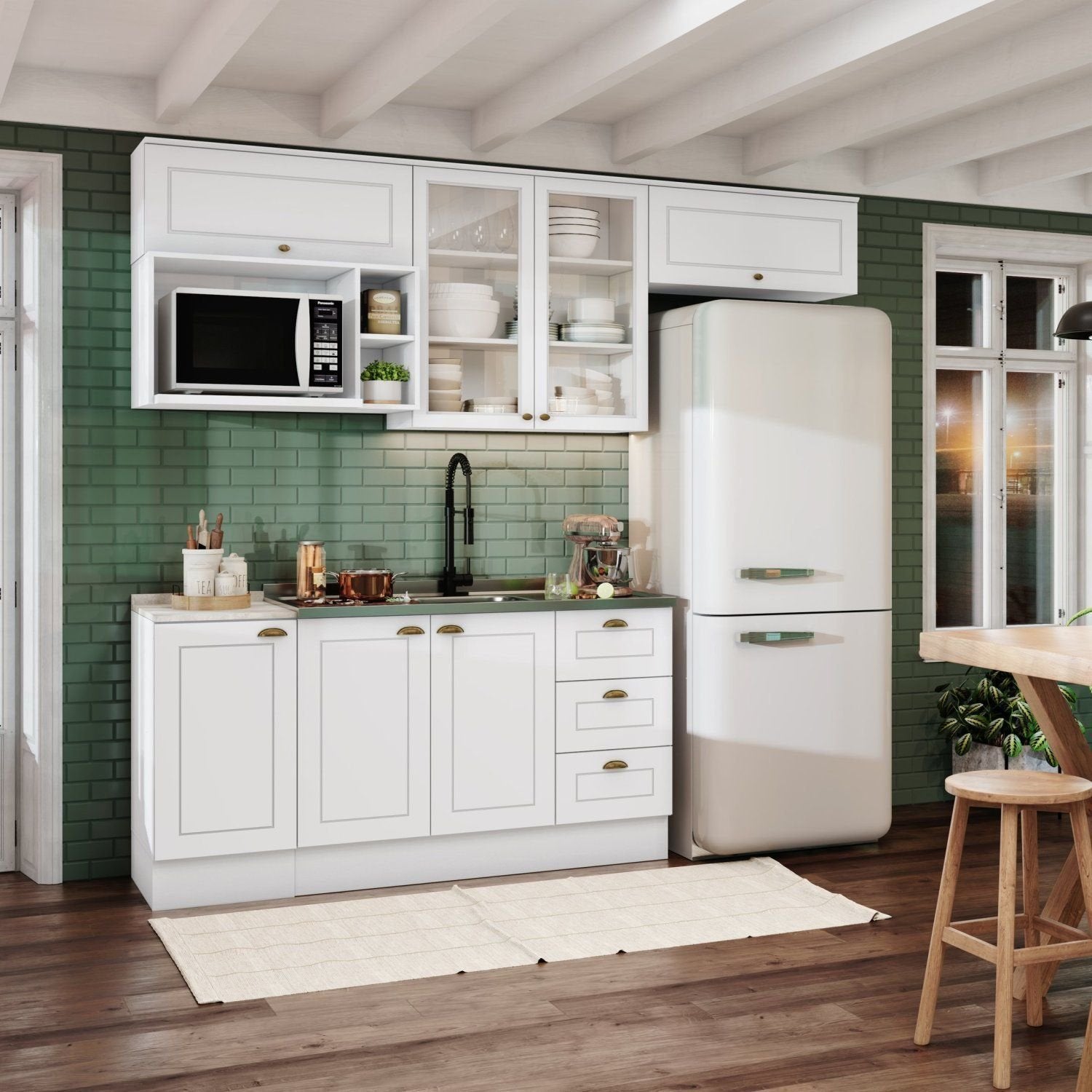 Cozinha Compacta Modulada 6 Peças com Aéreo para Micro-Ondas Emily Espresso Móveis Branco/HP/Calcare