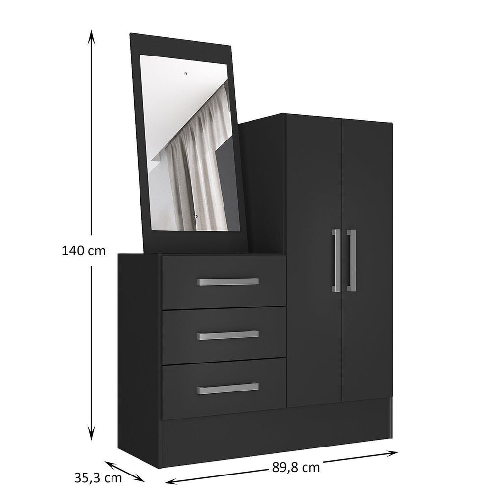 Cômoda para Quarto 3 Gavetas 2 Portas com Espelho Dunas Preto Yescasa