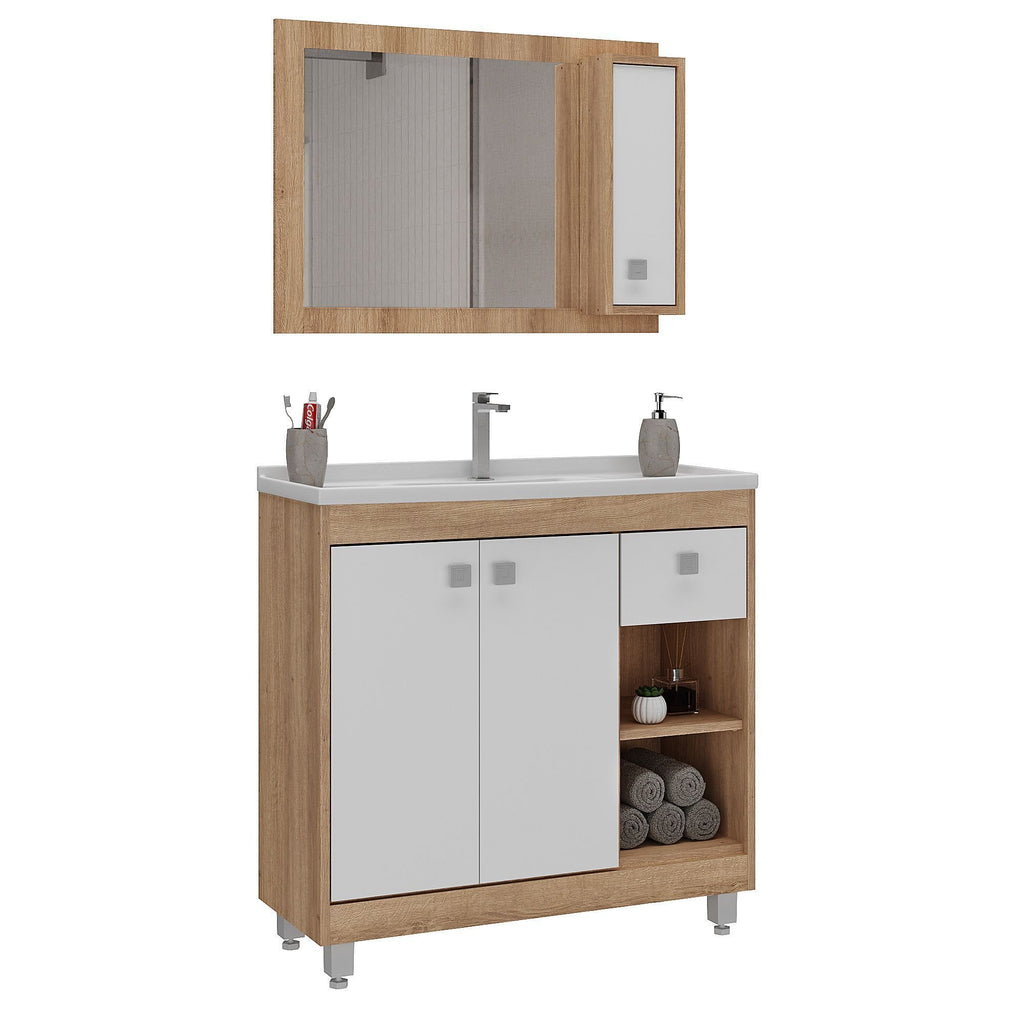 Conjunto de Banheiro Ozini Essenza 80cm 1 Porta 1 Gaveta Cuba e Espelheira