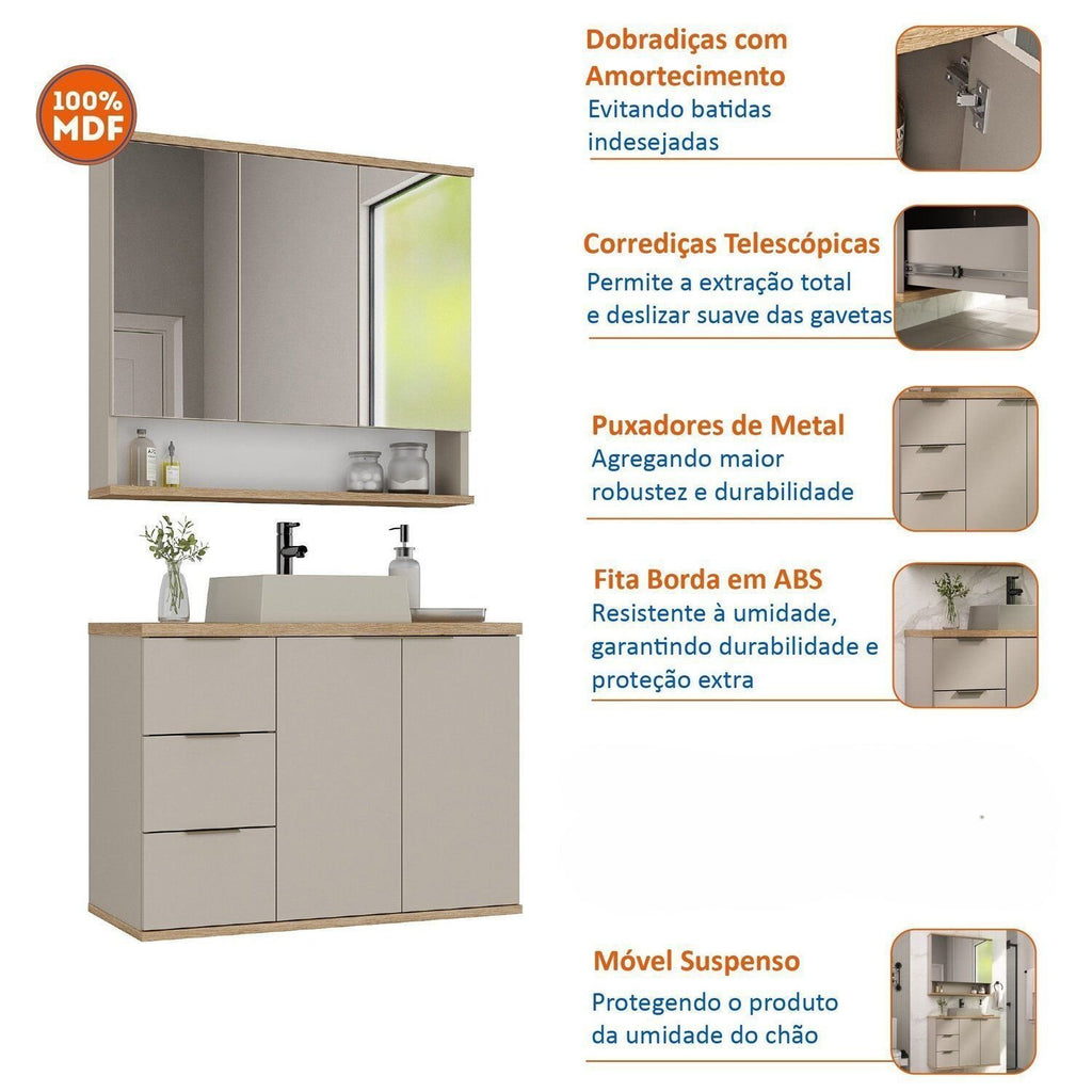 Conjunto para Banheiro Gabinete Suspenso com Cuba e Espelheira Aqua Estilare 76cm Bege/Panna/Carvalho