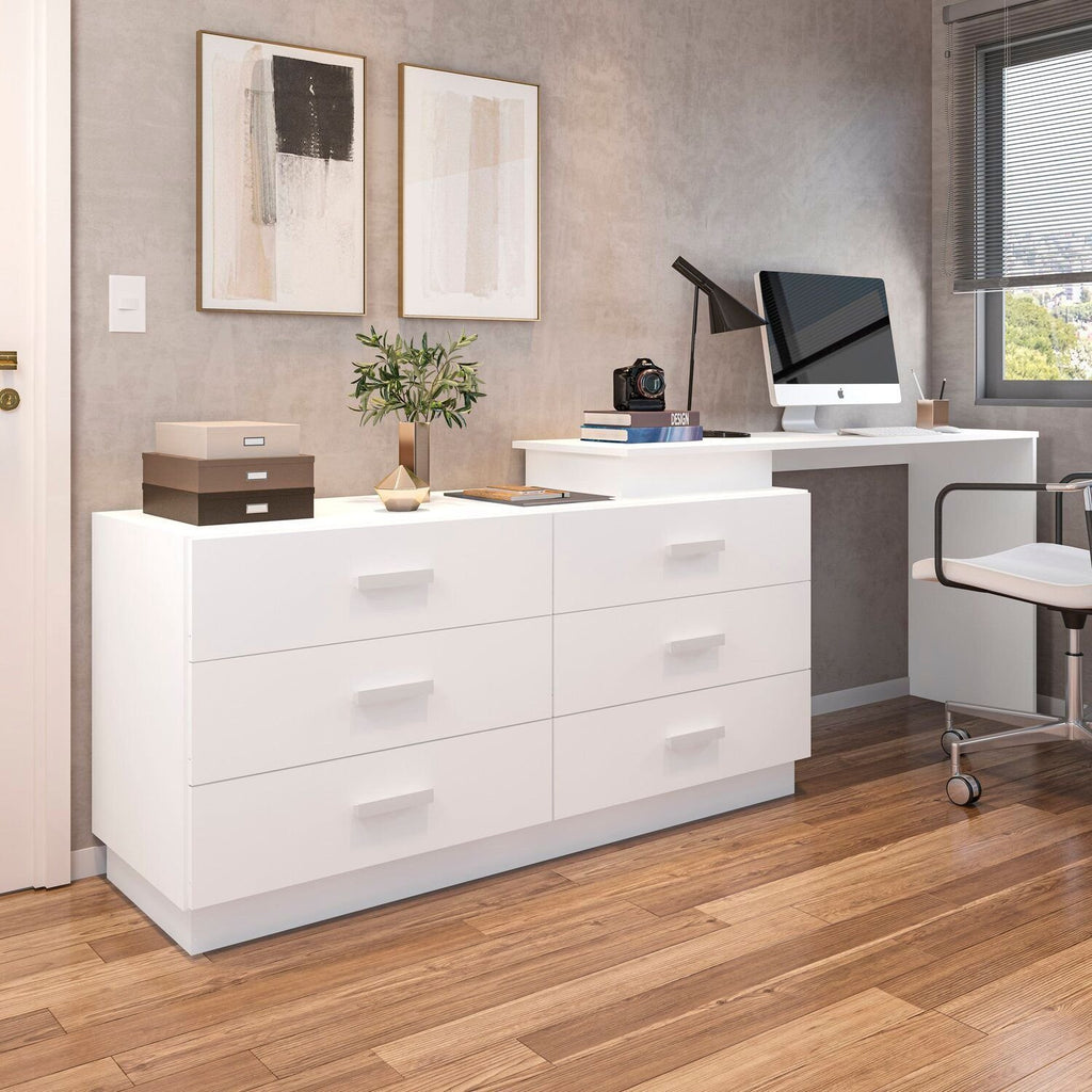 Escrivaninha Mesa Escritório em L com Cômoda Leonie 6 Gavetas 138cm Yescasa
