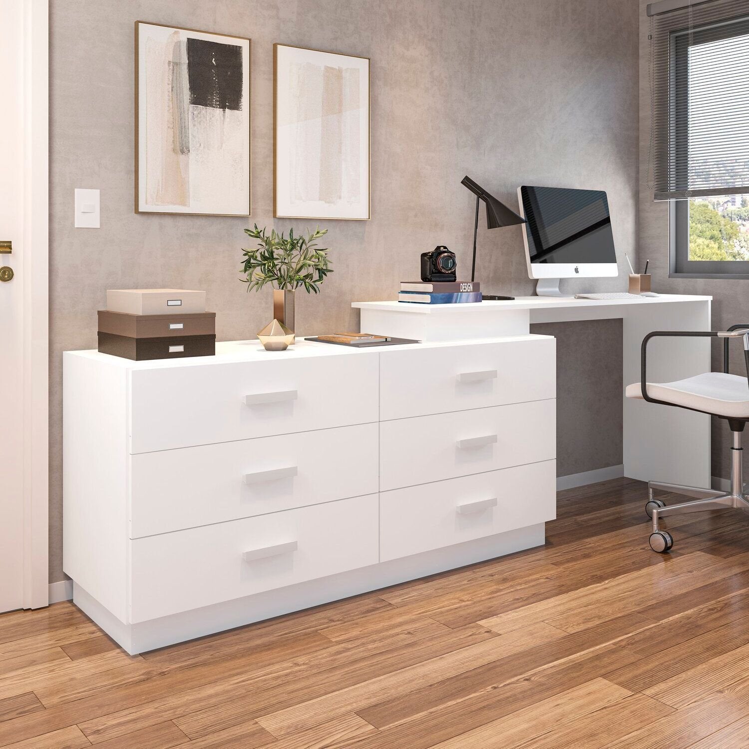 Escrivaninha Mesa Escritório em L com Cômoda Leonie 6 Gavetas 138cm Yescasa