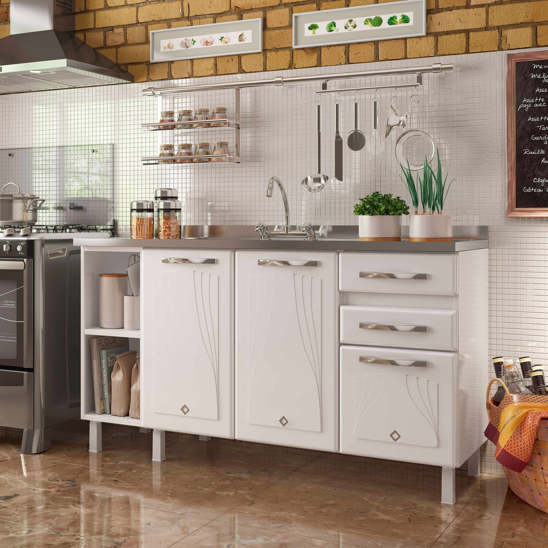 Balcão de Cozinha para Pia em Aço 2 Portas 2 Gavetas com Nichos 150cm Star New Telasul Branco