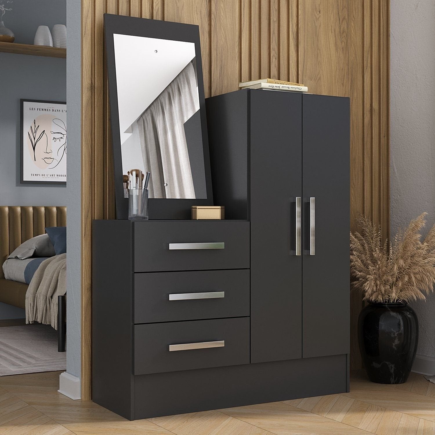 Cômoda para Quarto 3 Gavetas 2 Portas com Espelho Dunas Preto Yescasa