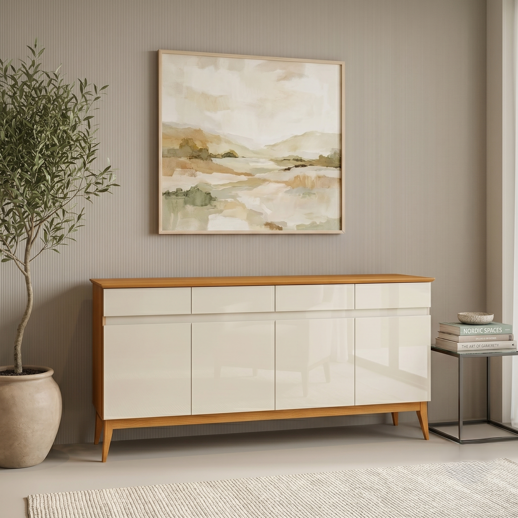 Buffet Aparador 4 Portas e 4 Gavetas Premium MDF Off White/Cedro EDN Móveis