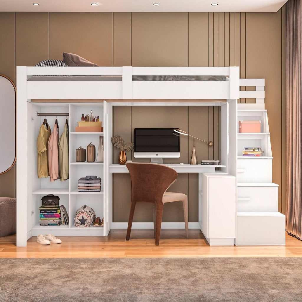 Cama Alta Beliche Office Adulto com Roupeiro e Escrivaninha Moon Yescasa Branco