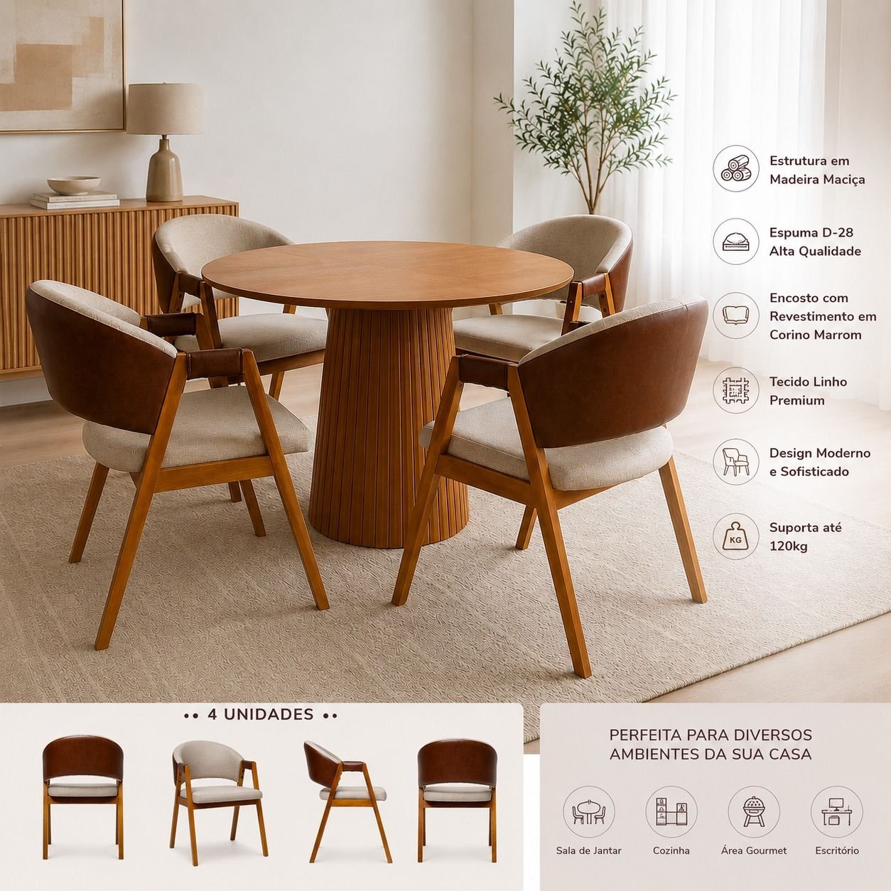 Kit 4 Cadeiras Sala de Jantar Premium com Braço Madeira Maciça Movellu Home
