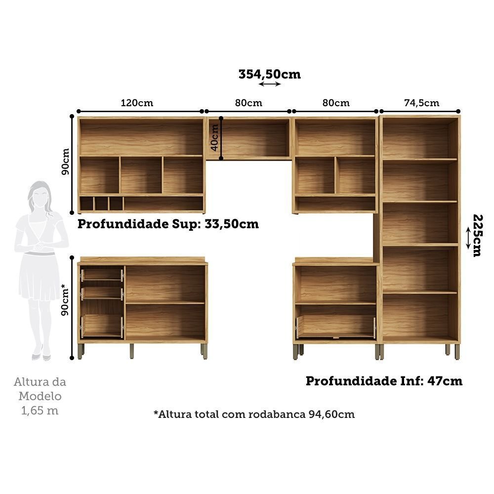 Cozinha Completa Modulada 100% MDF Vicenza Espresso Móveis 6 Peças 12 Portas 4 Gavetas Vidro Amêndoa/Chumbo 354,5x225x47cm