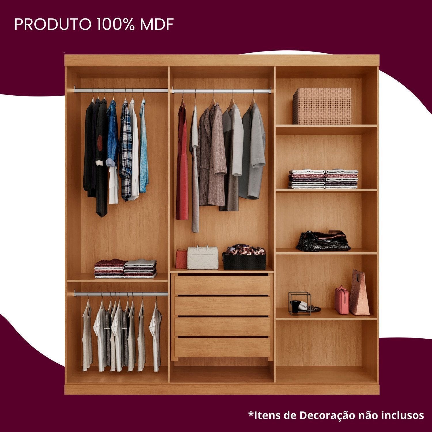 Guarda-Roupa Casal 100% MDF 3 Portas de Correr 4 Gavetas 6 Prateleiras com Espelho Chile Rufato Off White/Marrom