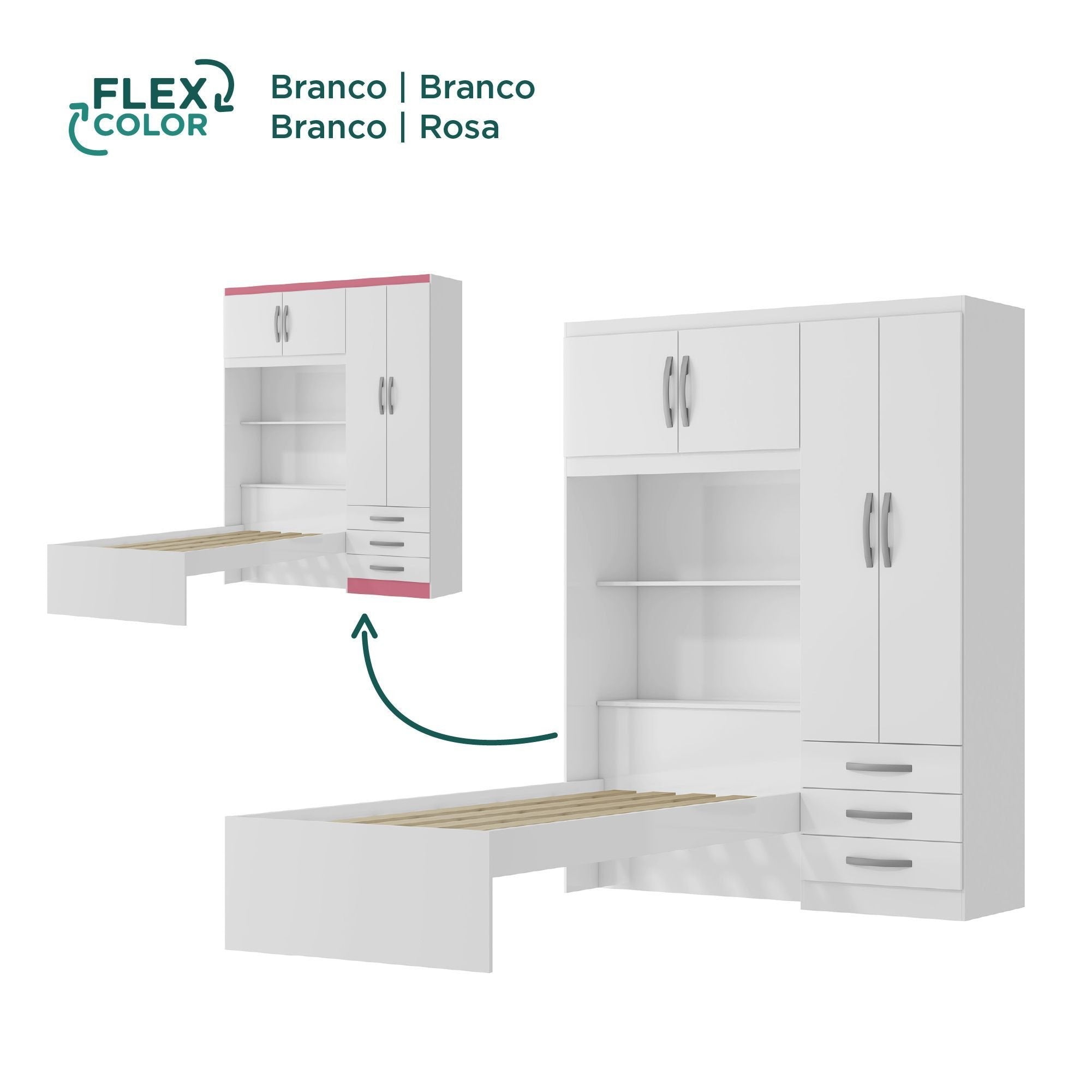 Guarda-Roupa Infantil com Cama 4 Portas 3 Gavetas Lisboa Espresso Móveis Branco/Pink