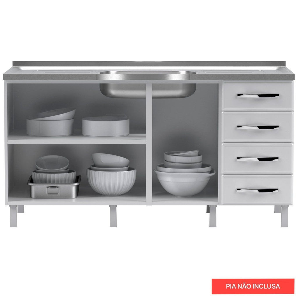 Balcão de Cozinha em Aço 3 Portas 4 Gavetas 160cm sem Tampo Star New Telasul Branco