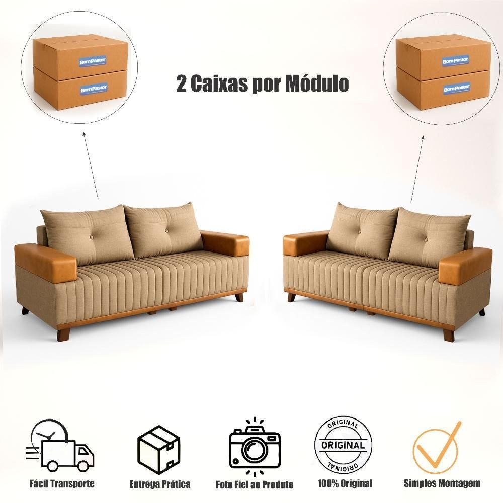Sofá 3x2 Lugares Leona Bom Pastor Linho Bege/Caramelo