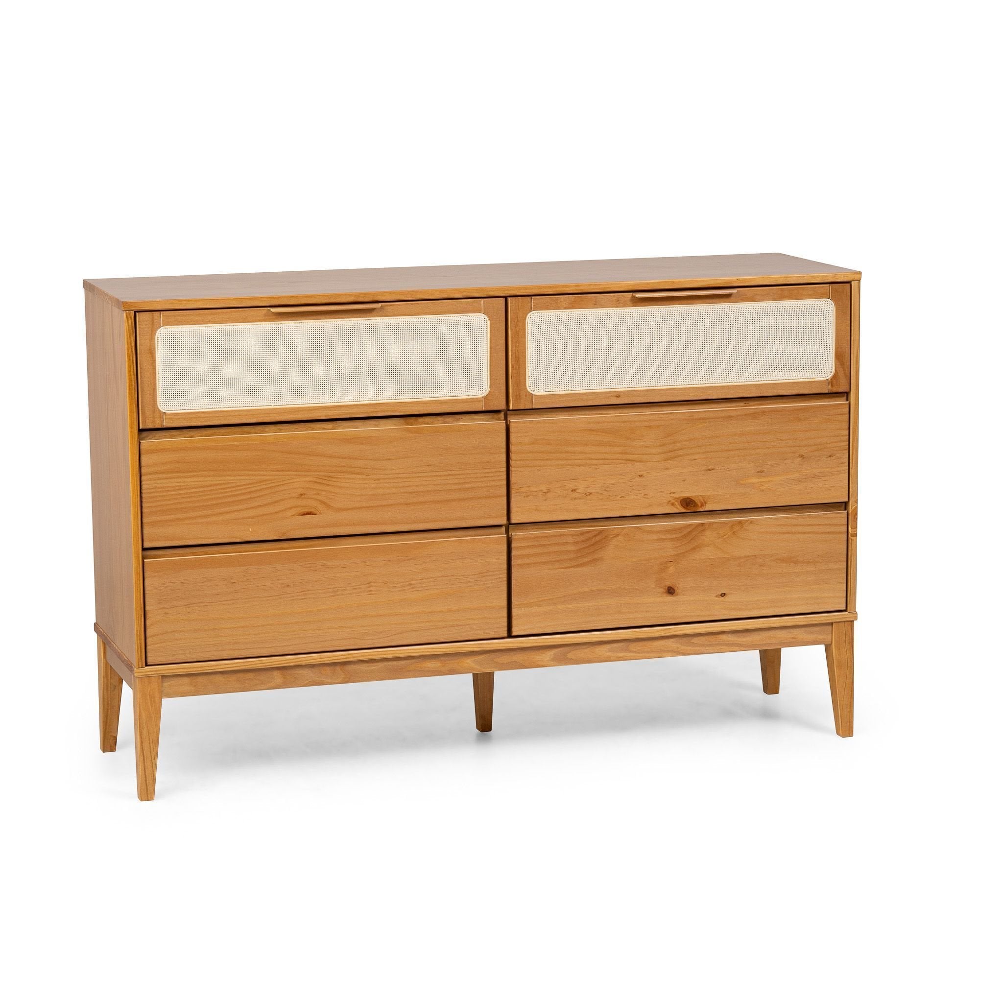 Cômoda 6 Gavetas Madeira Maciça com Telinha Rattan Viena Mel Marrom Artemobili