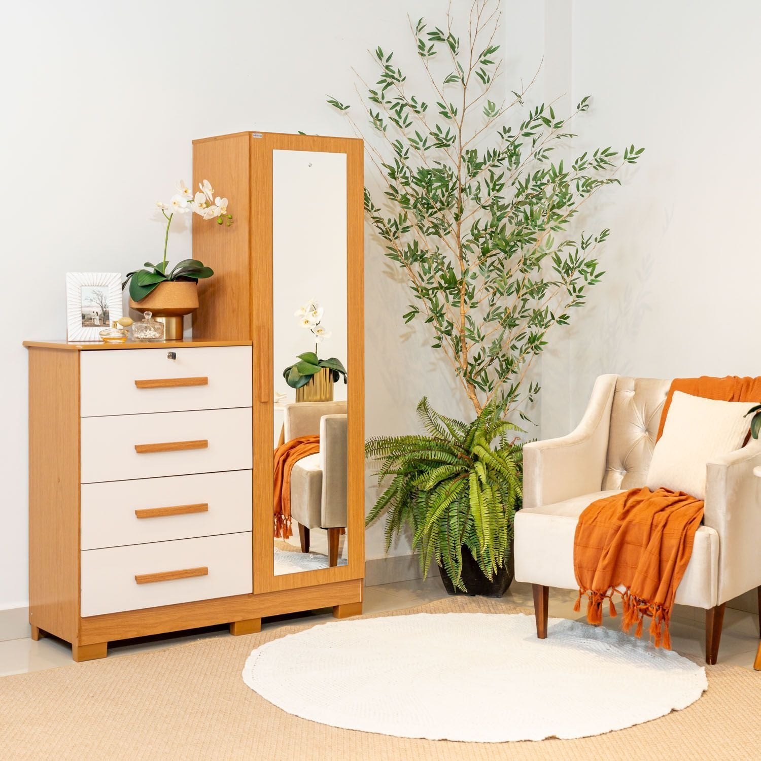 Cômoda Sapateira com Espelho 4 Gavetas 1 Porta Cancun Espresso Móveis Bege/Cinamomo/Off White