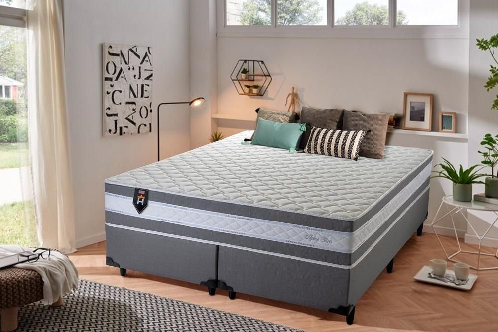 Conjunto Cama Box Super King com Molas Ensacadas Alpine Cinza 193x203x65 King House