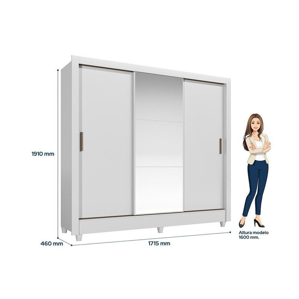 Guarda-Roupa Solteiro 3 Portas de Correr com Espelho 2 Gavetas Roma Santos Andirá 100% MDF Branco