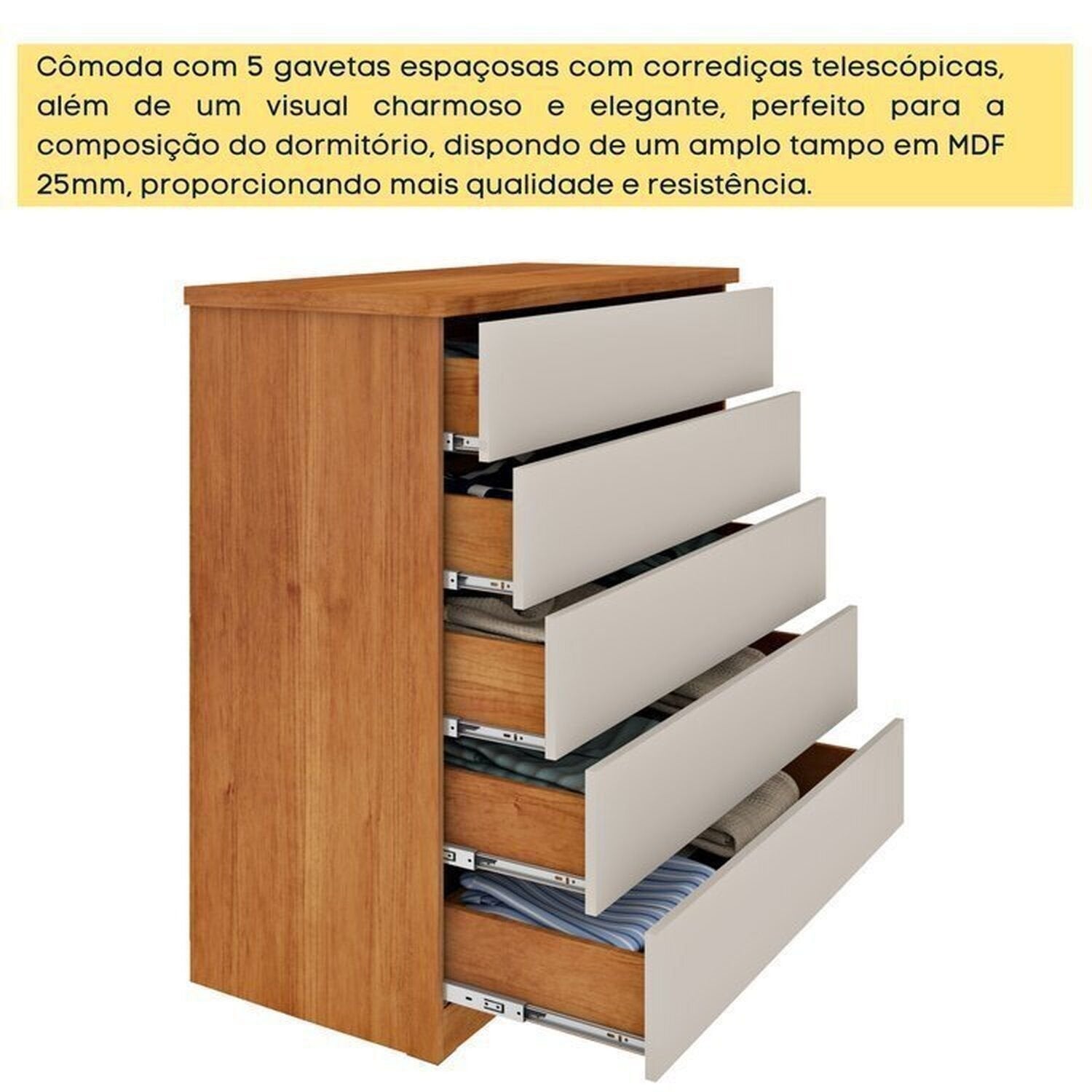 Kit 2 Cômodas 5 Gavetas Premium Espresso Móveis Bege/Cinamomo/Off White