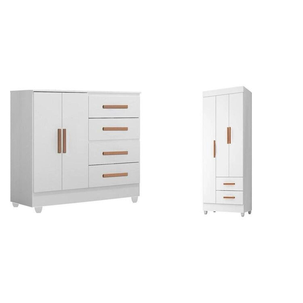 Quarto Bebê Infantil com Guarda-Roupa 3 Portas e 2 Gavetas com Cômoda 4 Gavetas e 2 Portas Lite Móveis Leão Branco
