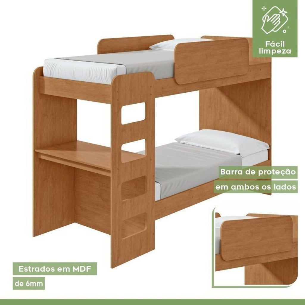Kit Quarto Infantil 4 Peças com Beliche Olga Cômoda e Mesa de Cabeceira Baião Marrom Amêndoa Clean Móveis Lopas