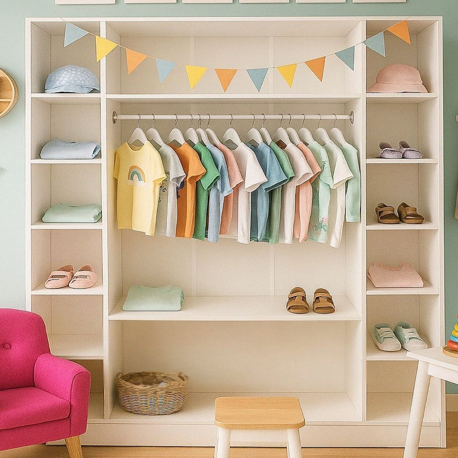 Armário Closet Modular 12 Prateleiras em Colméia e Arara Cabideiro Ana Branco