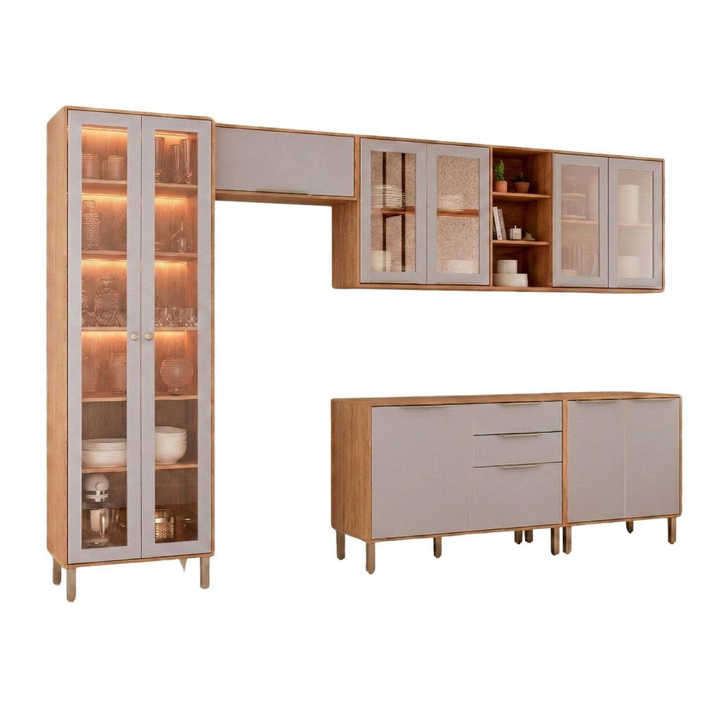 Cozinha Modulada 6 Peças Brilhante Cristaleira 2 Balcões 3 Armários Aéreos Bege/Cinamomo/Platina