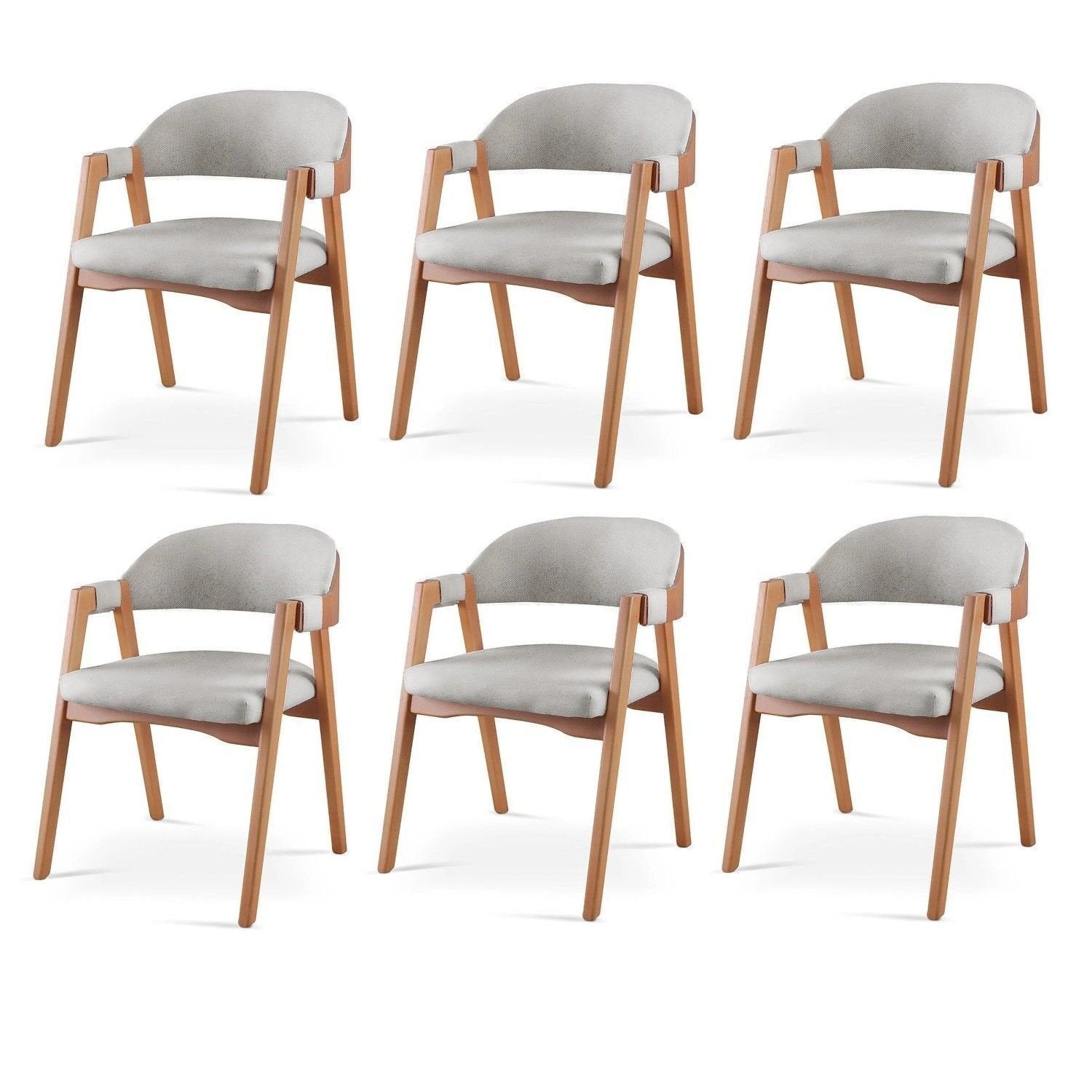 Kit 6 Cadeiras Sala de Jantar Estofadas com Braços Linho Madeira Gaia Yescasa