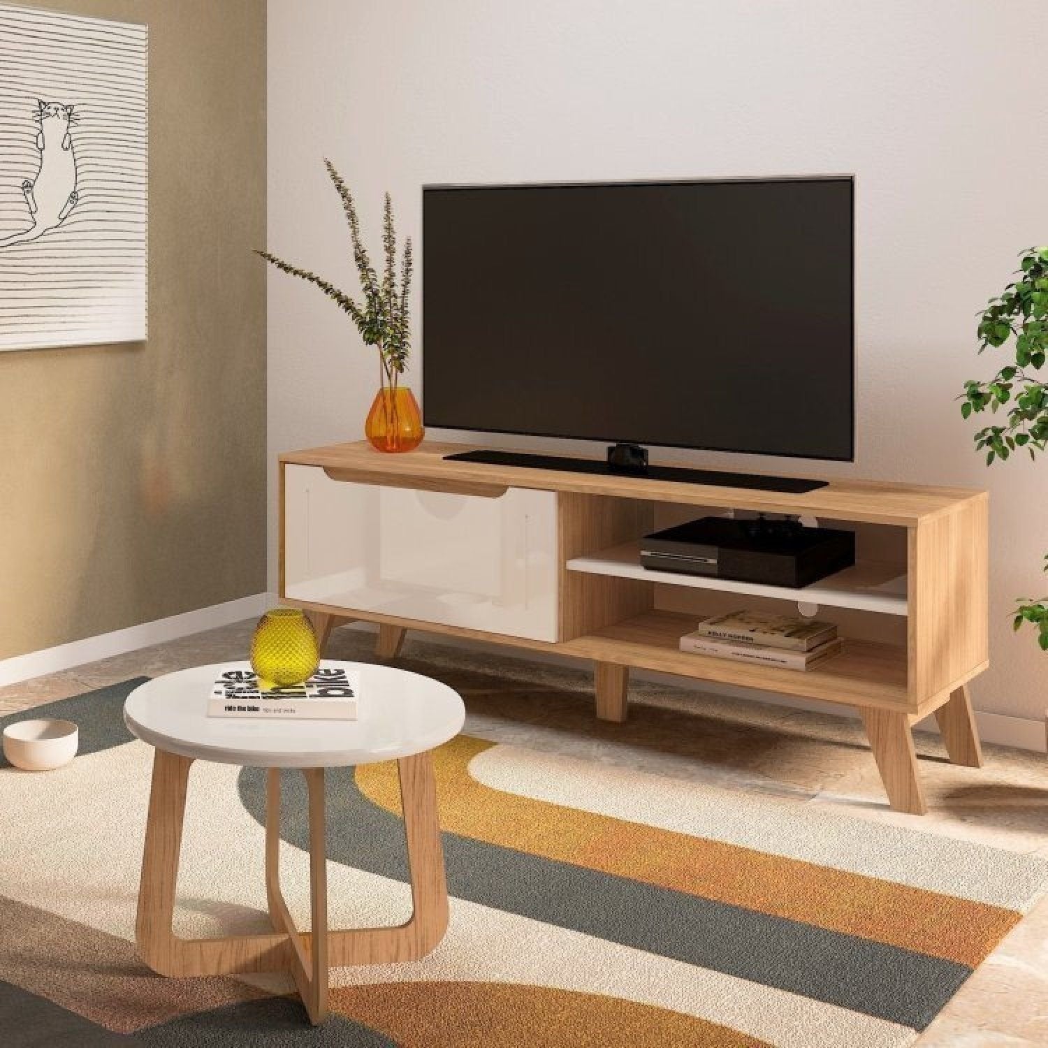 Conjunto Sala de Estar Lotus Rack e Mesa de Centro MDF Carvalho/Off White Espresso Móveis