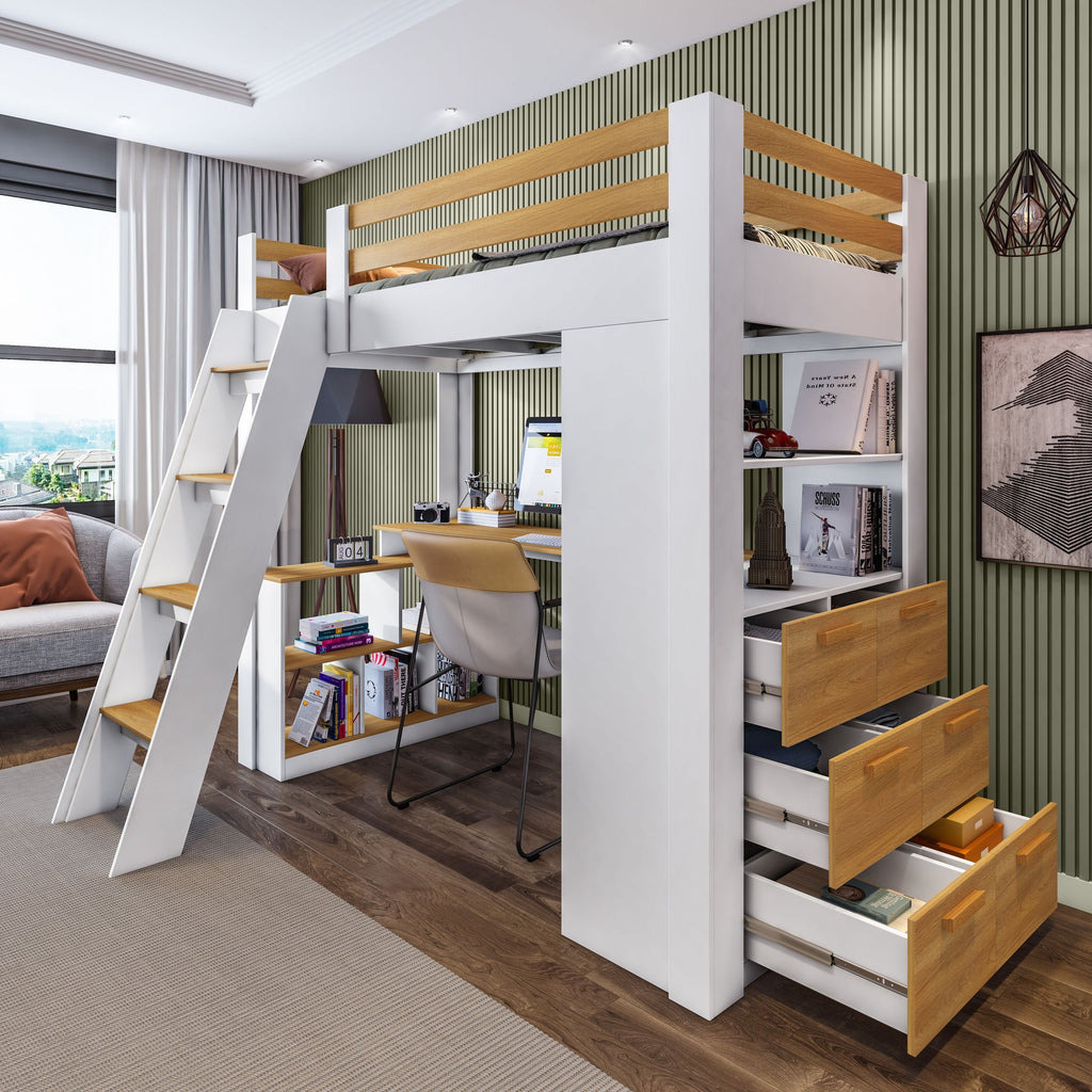 Cama Alta Beliche Office Adulto Multifuncional com 6 Gavetas Micenas Yescasa Branco/Freijó