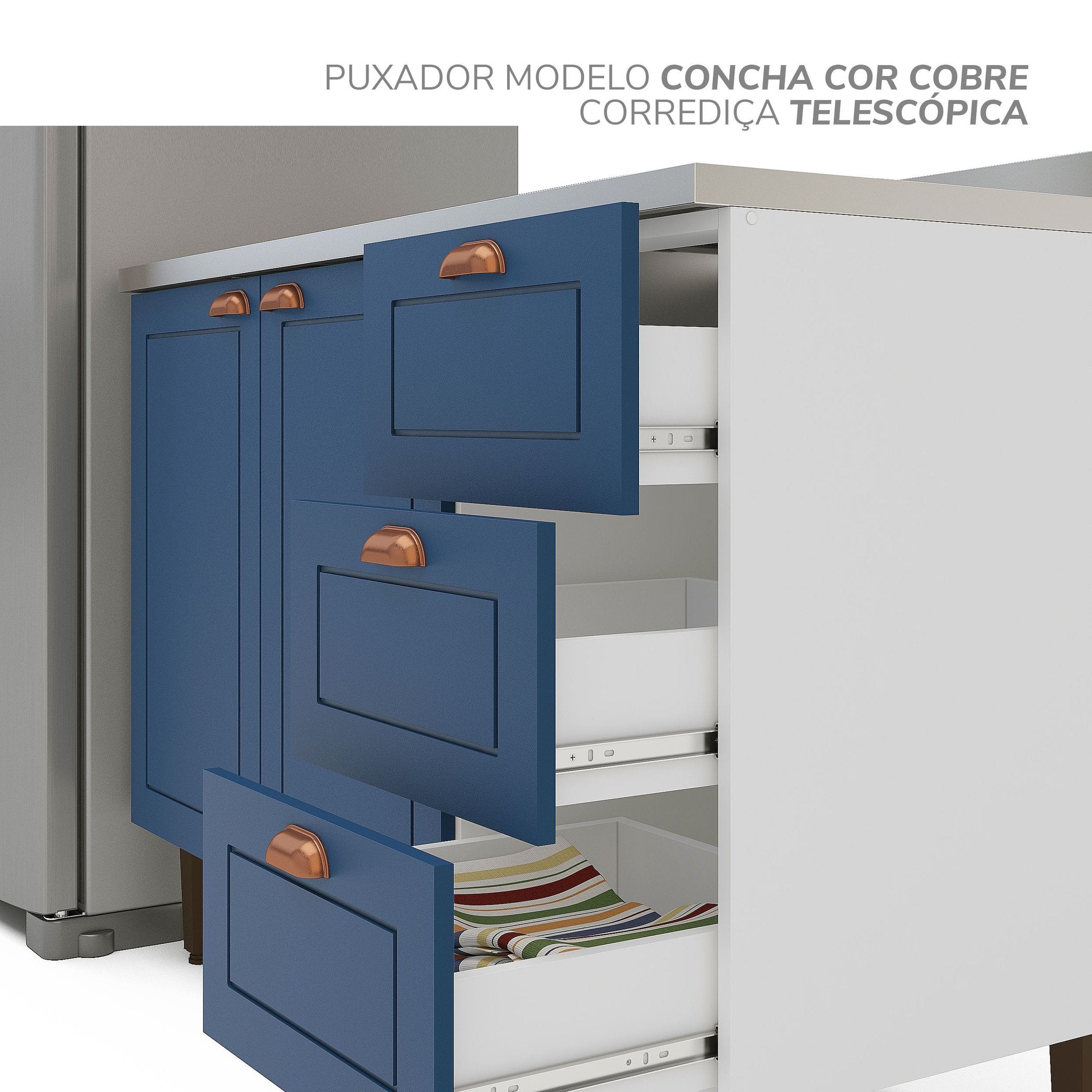 Balcão de Cozinha 2 Portas 3 Gavetas 120cm Pérola Yescasa Branco/Azul
