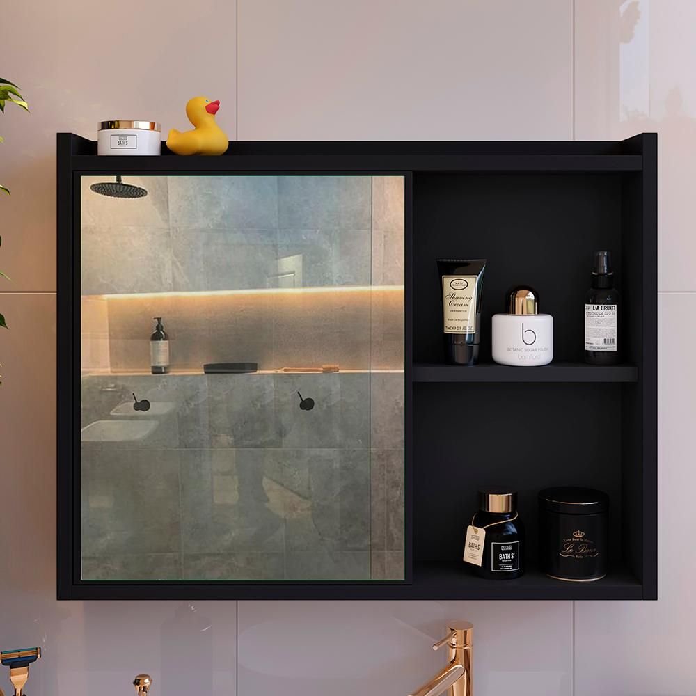 Espelheira para Banheiro Suspensa Luxo DESAN 1 Porta com Prateleira 60cm Preto