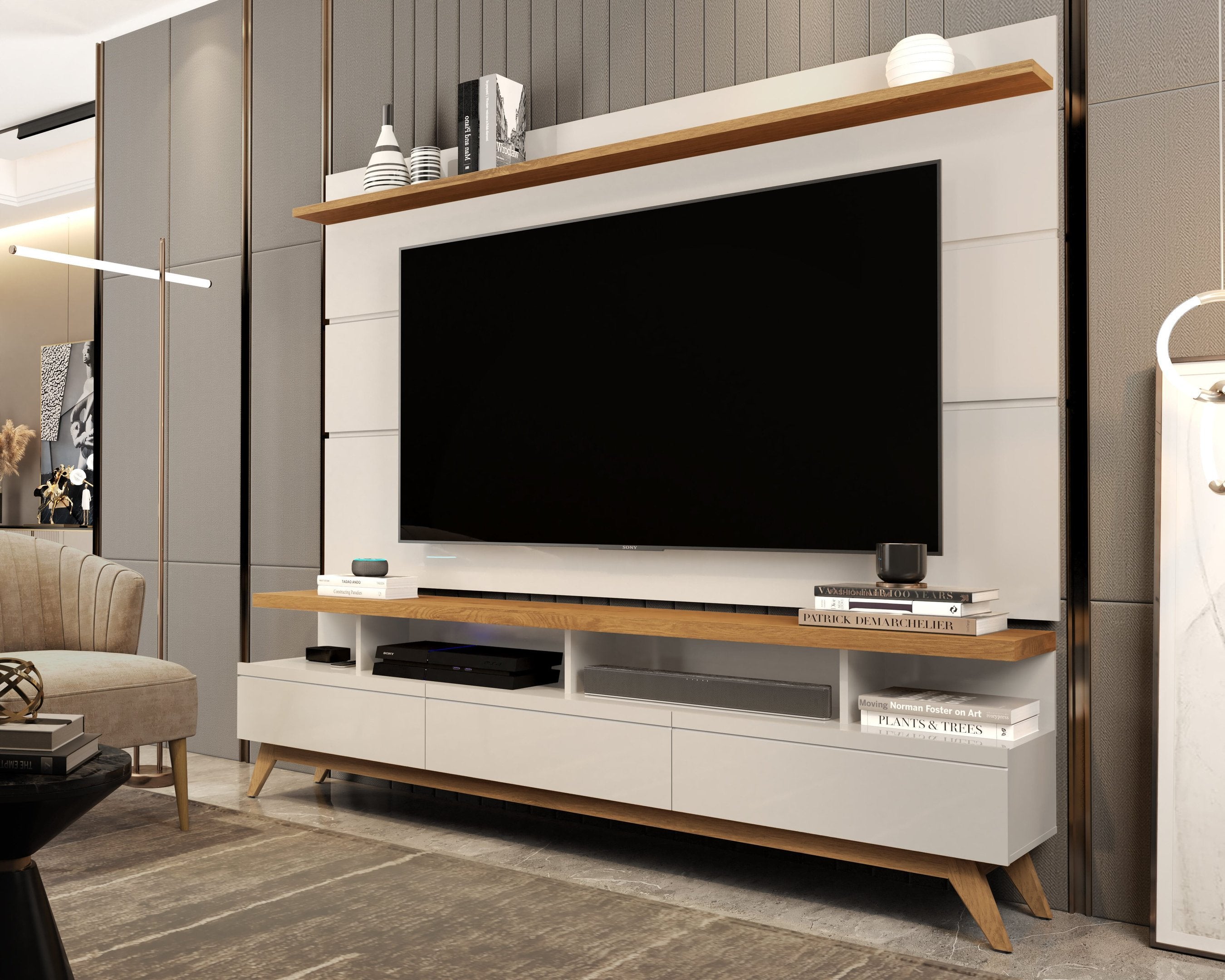Rack com Painel Sala de Estar Vivare para TV até 72 Polegadas 180cm 3 Gavetas Giga Moveis Off White/Nature