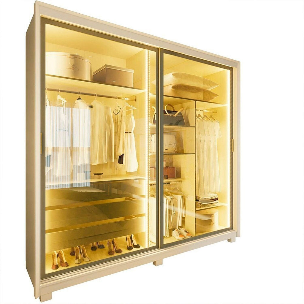 Guarda-Roupa Casal 2 Portas Reflecta com Pés e LED 100% MDF Platinum Gelius Móveis Bege/Off White