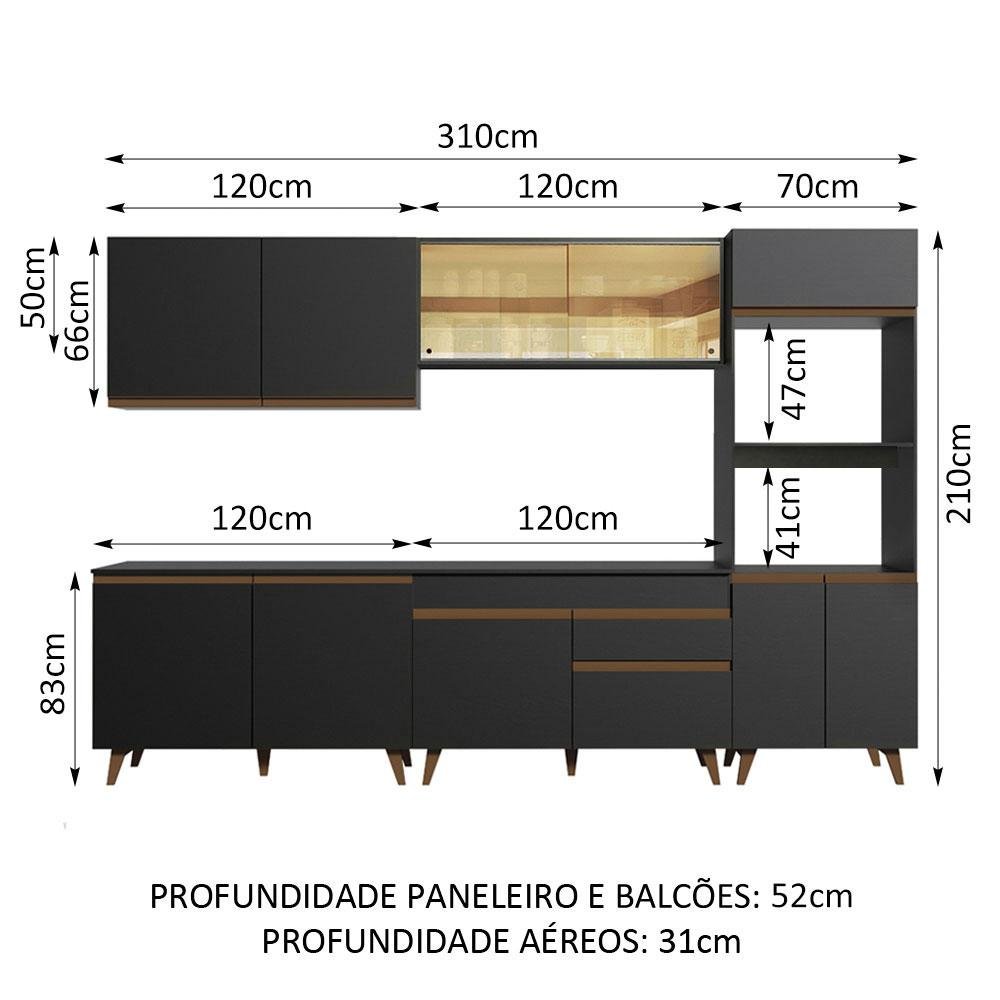 Armário de Cozinha Completa 310cm Reims Madesa GRRM3100018N Preto