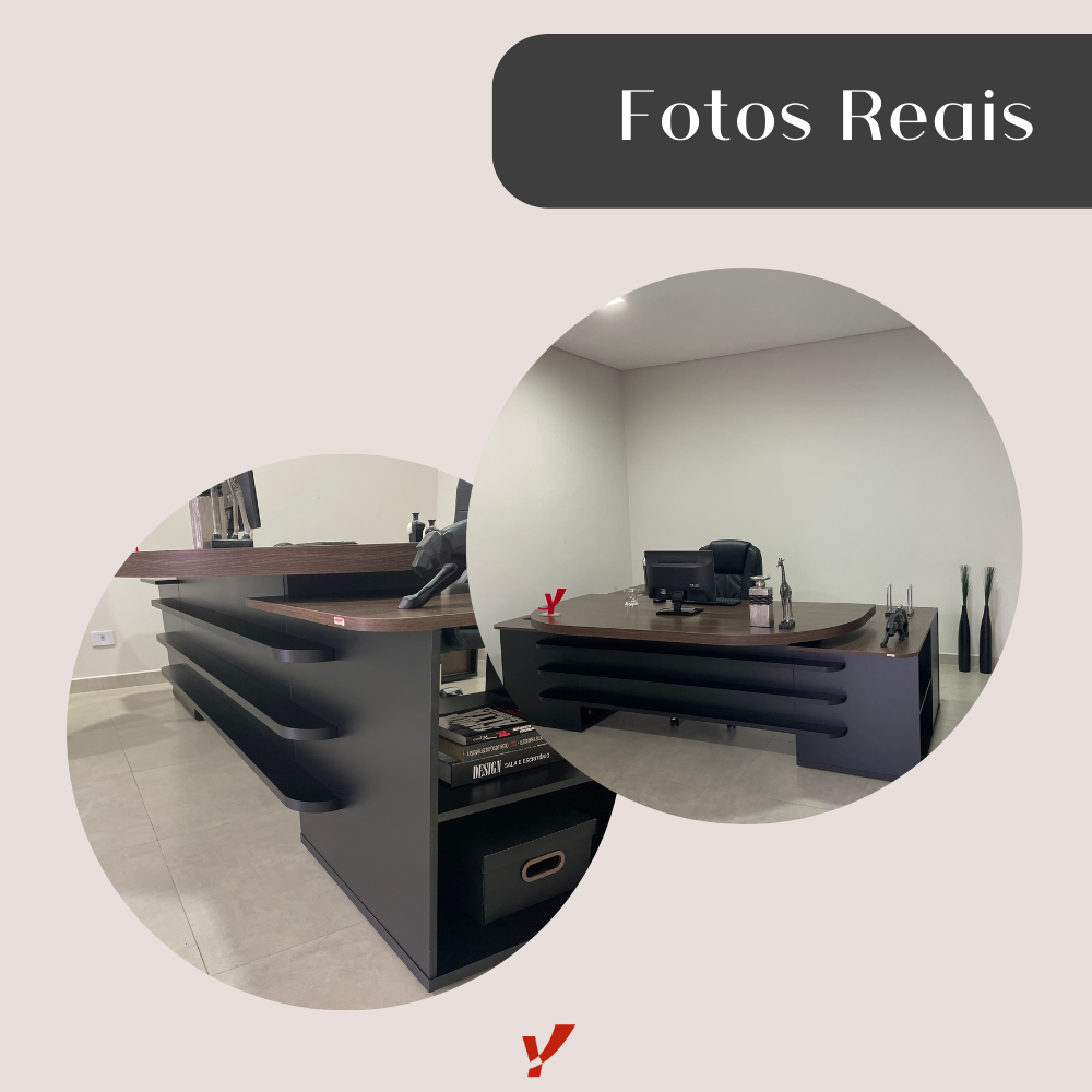 Escrivaninha Mesa Escritório Presidente Tamburato 4 Gavetas 2 Portas 258,2cm Charuto e Preto Artany