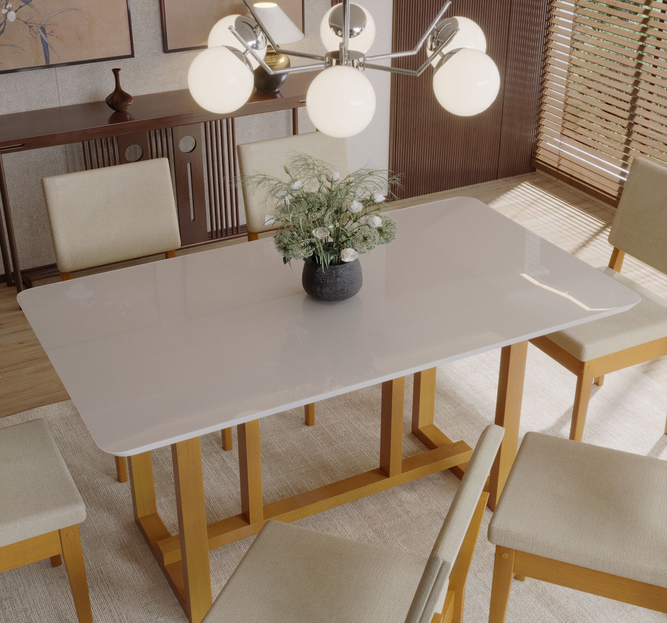 Conjunto Sala de Jantar Filadélfia 6 Cadeiras Tampo de Vidro Madeira Maciça Cerejeira/Palha Móveis Meneghetti 971508