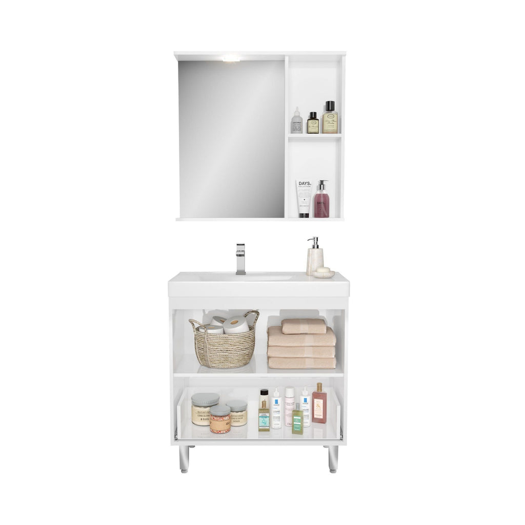 Conjunto para Banheiro Gabinete Suspenso com Cuba e Espelheira LED Malibu Ozini 80cm Branco/Legno Crema