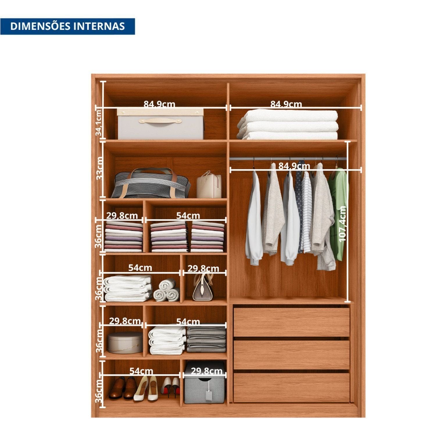 Guarda-Roupa 4 Portas Reflecta 3 Gavetas 100% MDF Freijó New Reflex Caemmun