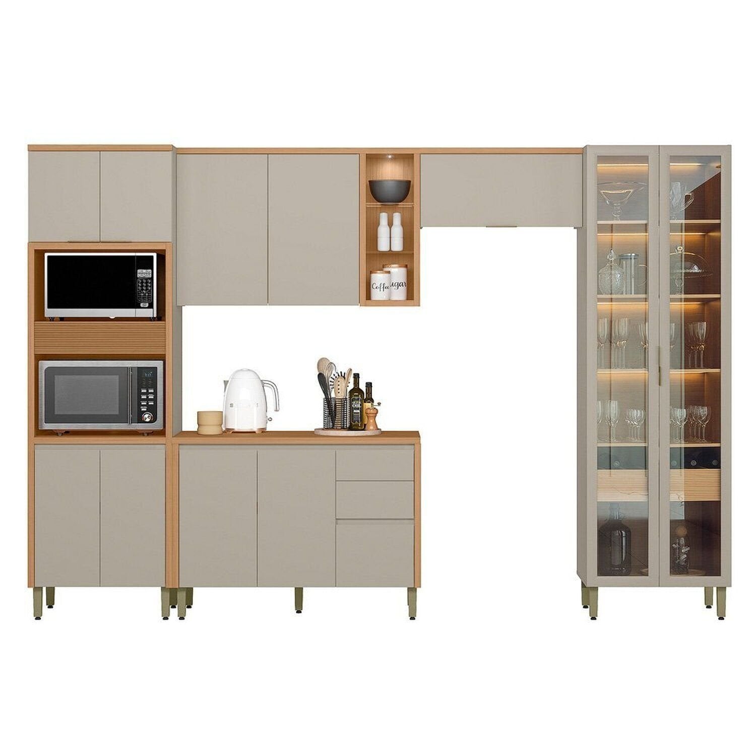 Cozinha Completa Modulada 5 Peças com Torre Quente e Cristaleira Allure Marrom/Jequitibá/Gris Fosco Linea Brasil