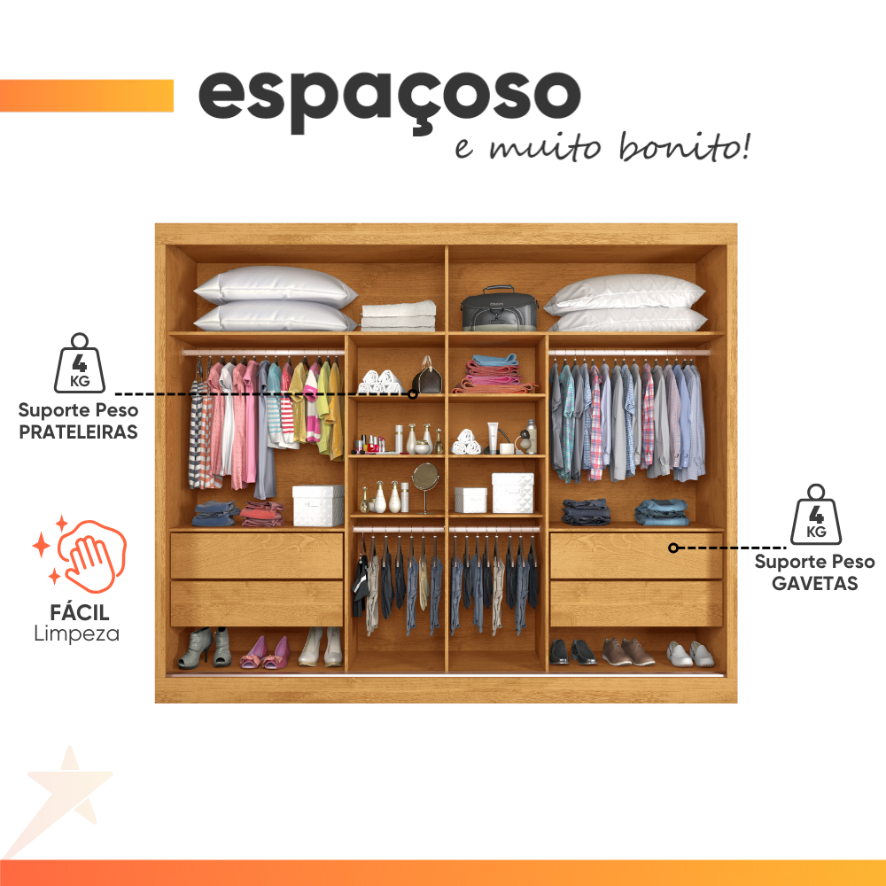 Guarda-Roupa Casal 2 Portas de Correr com Espelho 4 Gavetas Flex 100% MDF Europa Áustria
